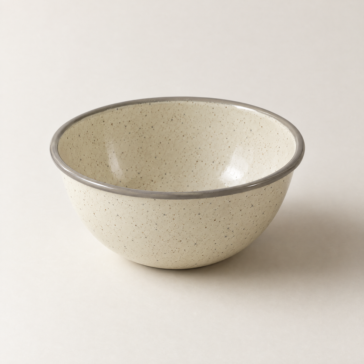 Aldorven 16 cm enamelled steel soup bowl, speckled oat with a grey rim