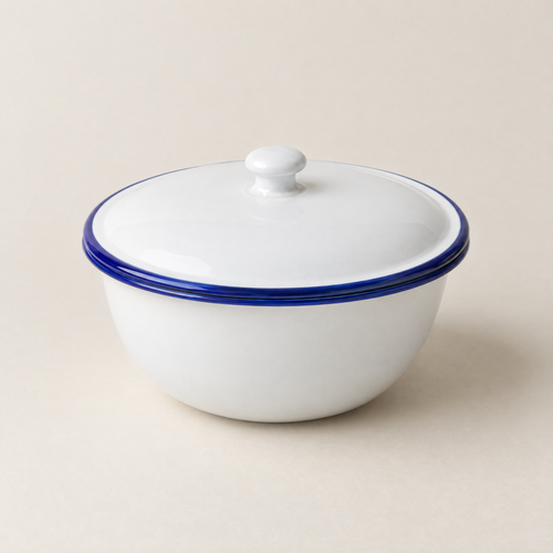 Aldorven 18 cm enamelled steel lidded bowl, white with cobalt rims