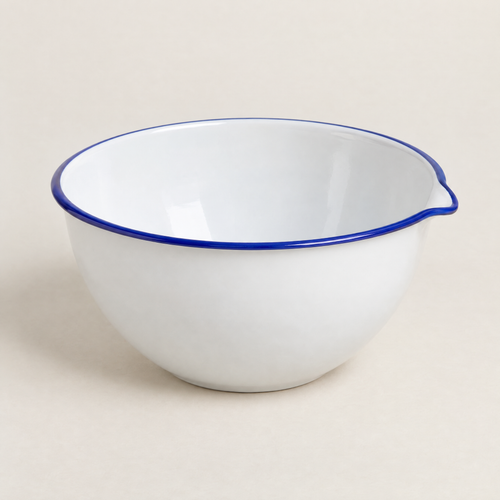 Aldorven 26 cm enamelled steel mixing bowl with pouring lip, white with a cobalt rim