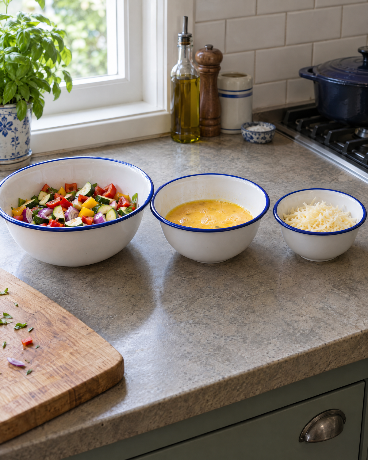 Aldorven nesting set of three enamelled steel bowls, white with cobalt rims